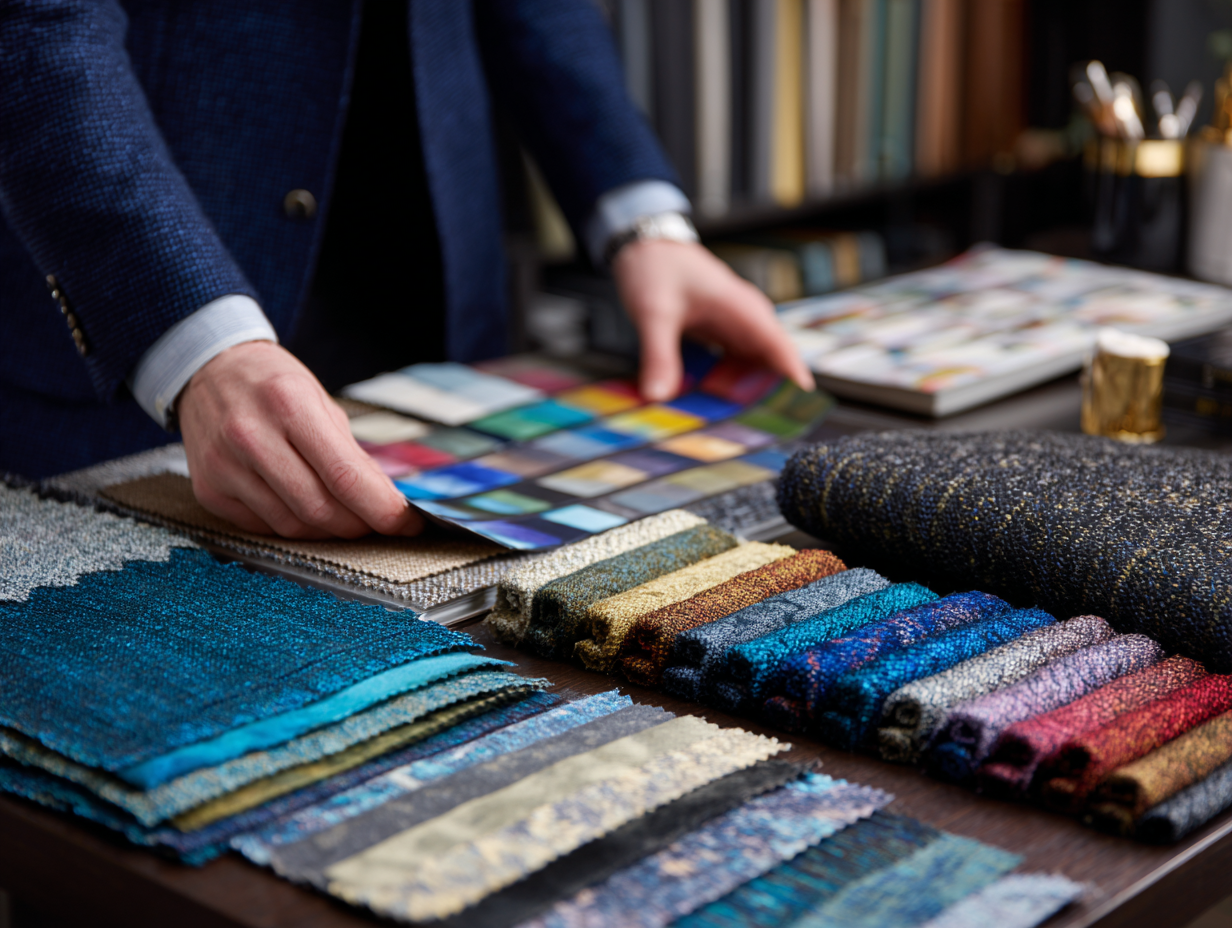 Designer displaying a wide selection of upholstery fabric swatches on a table.